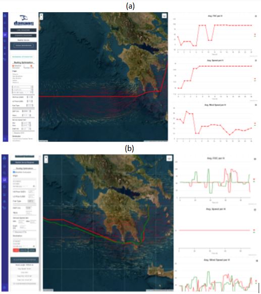 Routing module integrating weather forecast data. Red route indicates voyage conducted by the captain, green route is the optimized route by taking into account weather forecasts, and projected savings.